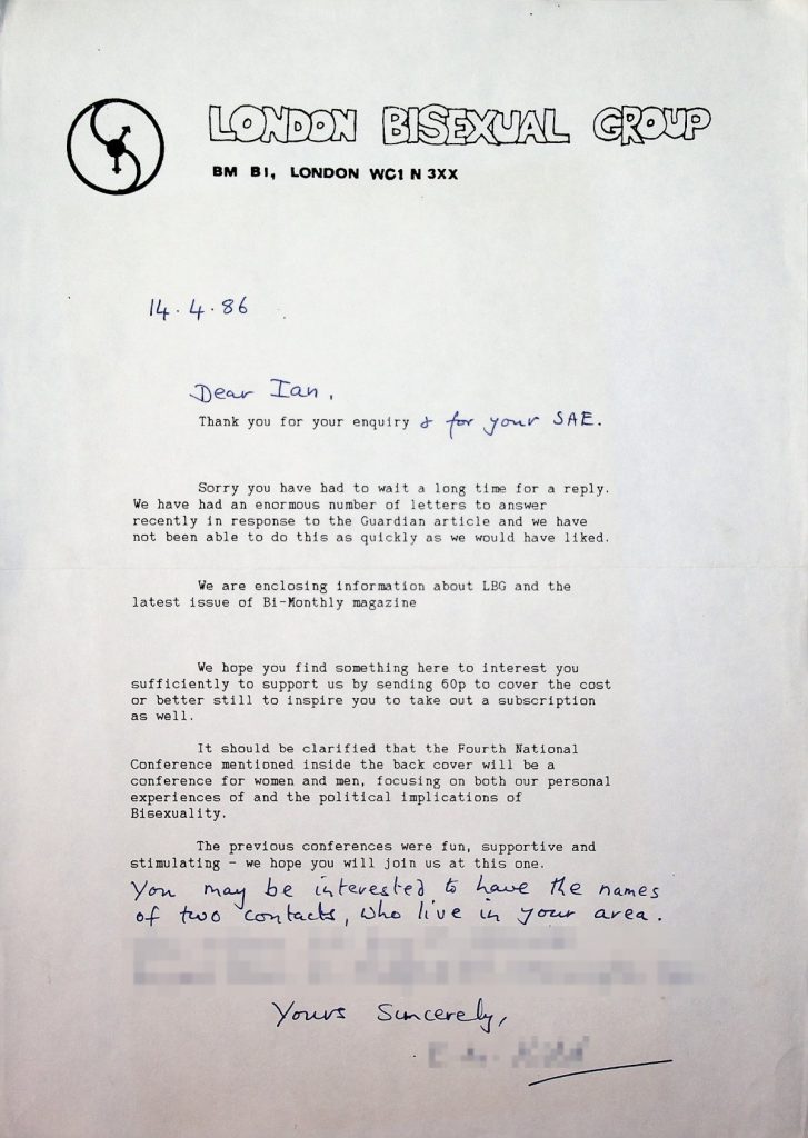 The reply of the London Bisexual Group to my letter to them, April 1986