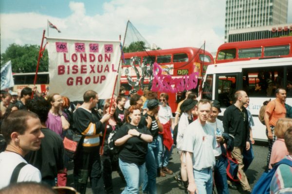 LBGT Pride 96 - the banners of SM Bisexuals and the London Bisexual Group's then new-ish one