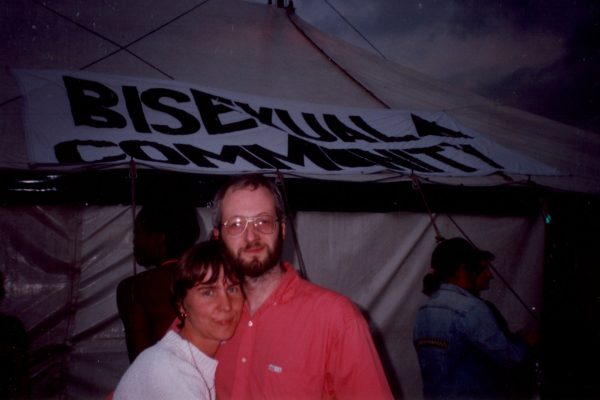 LGBT Pride 97 - a relatively young-looking Ian Watters outside the 'bisexual community' tent with his partner while it was closed due to overcrowding.