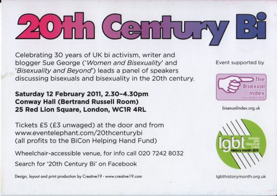 Rear of the postcard advertising "20th Century Bi" talk - the detail of where and when etc