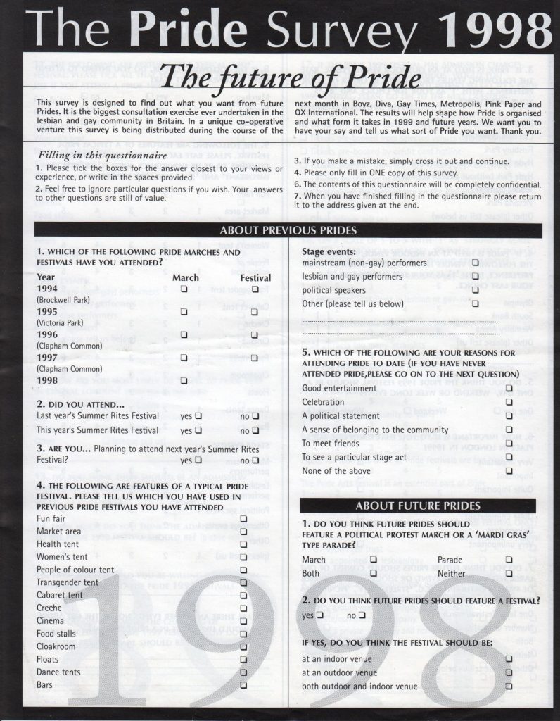 Page one of the Chronos 'Pride Survey 1998'