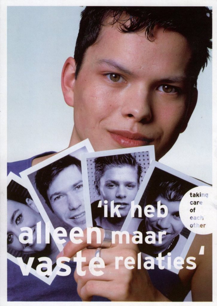 A postcard of a young man holding up four b/w photos (of partners?) with the headline 'I only have steady relationships'