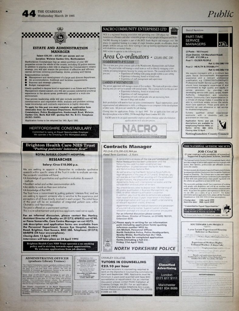 The page of The Guardian with the BASH PEP job ad 29th March 1995