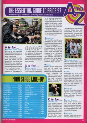 Info about the bisexual tent, amongst other entries, in the programme's A-Z of LGBT Pride 97