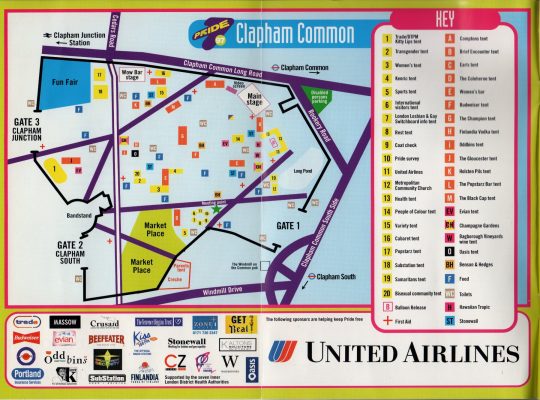 The programme's map of the LGBT Pride 97 festival in Clapham Common