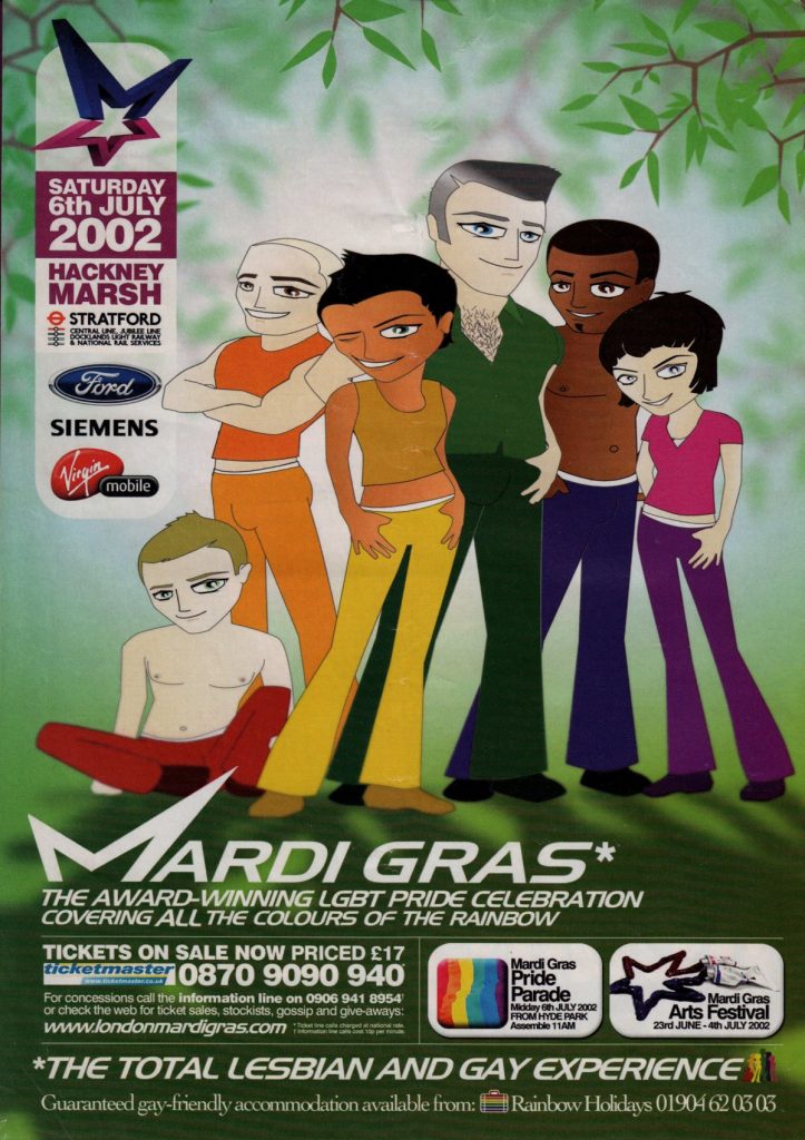 An ad for Mardi Gras 2002, complete with a drawing of four male-presenting and two female-presenting figures with their trousers in order of the Gay Pride flag colours