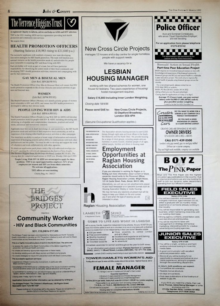 One page of job ads from the Pink Paper 31st March 1995 with the BASH PEP ad included