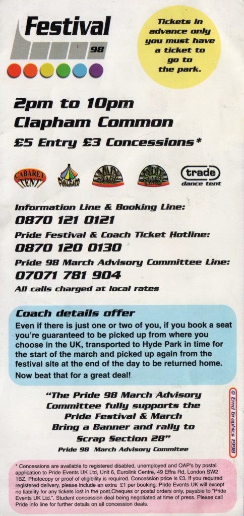 Pride 98 flyer, festival side