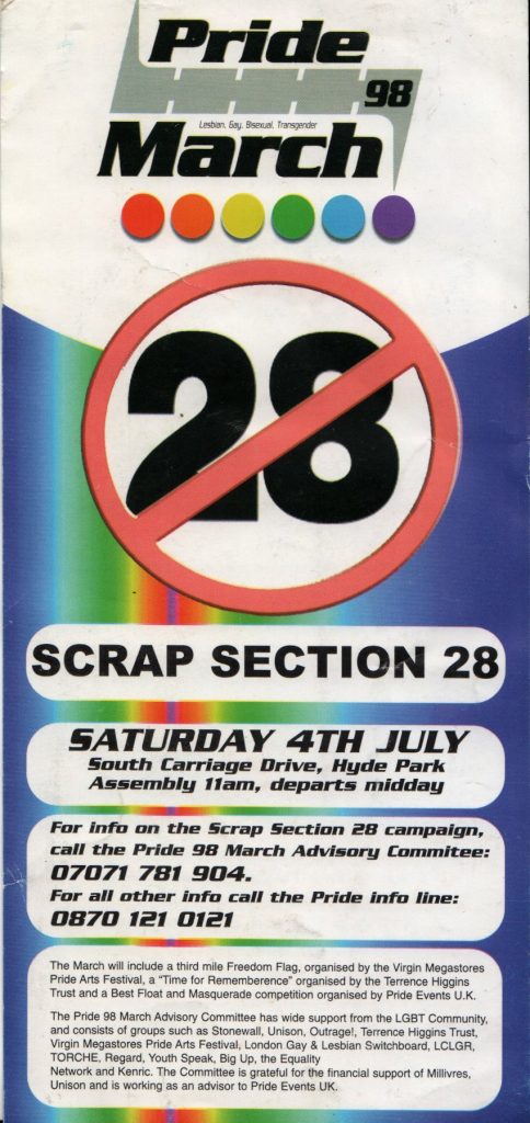 The Pride 1998 flyer, 'scrap section 28' march side