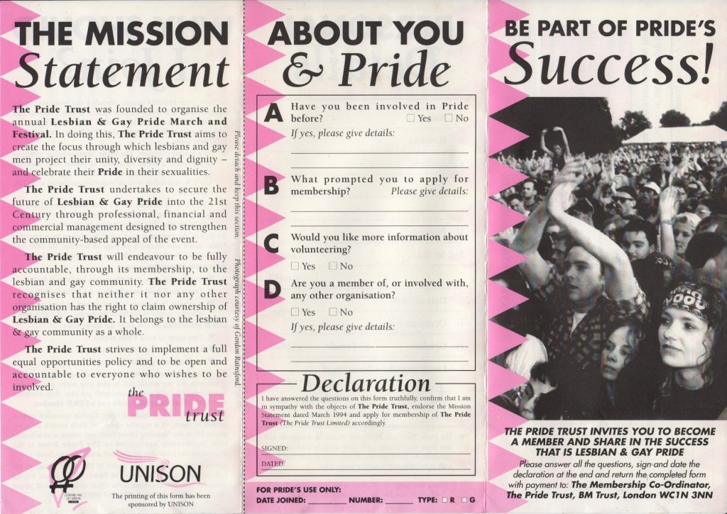 Pride Trust 1995 membership application, side 1