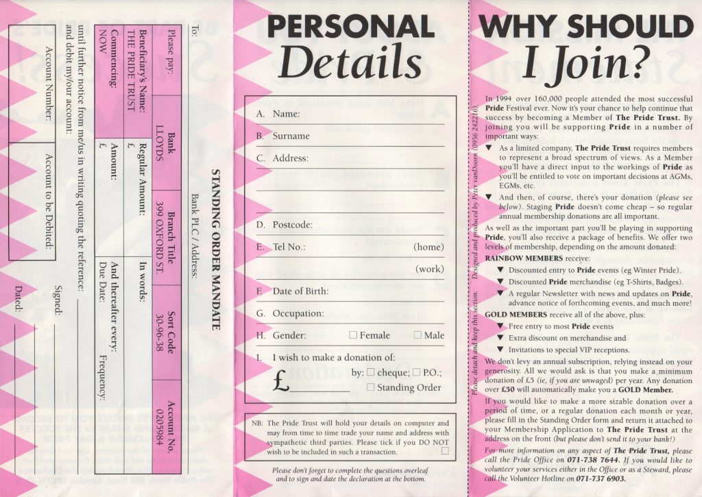 Pride Trust 1995 membership application, side 2