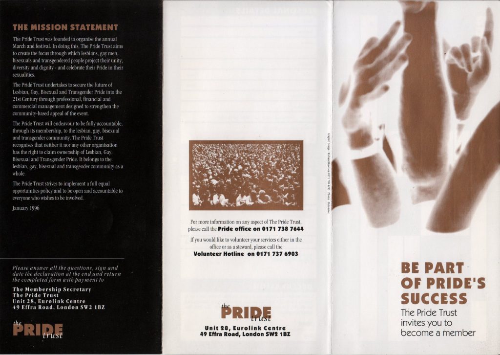 Pride Trust 1996 membership application, side 1