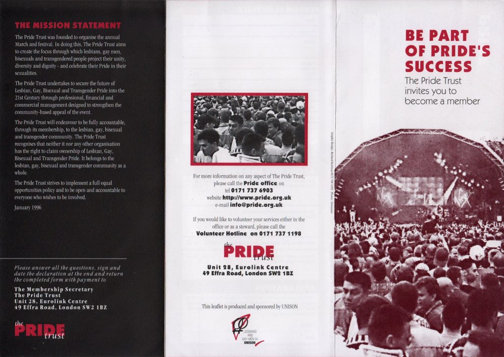 Pride Trust 1997 membership application, side 1