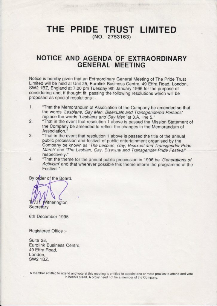Notice of the Pride Trust EGM meeting that would vote on changing the name of London's Pride event