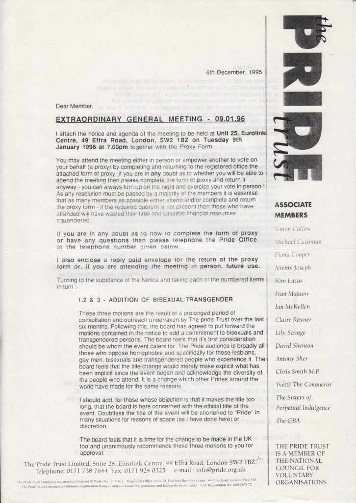 First page of the letter from Adam Jeanes, chair of the Pride Trust, about the proposals to be decided at the EGM in January 1996