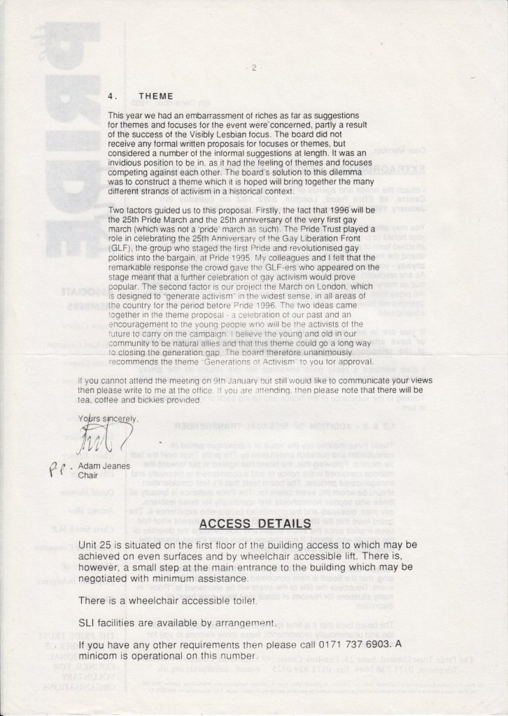 Second page of the letter from Adam Jeanes, chair of the Pride Trust, about the proposals to be decided at the EGM in January 1996