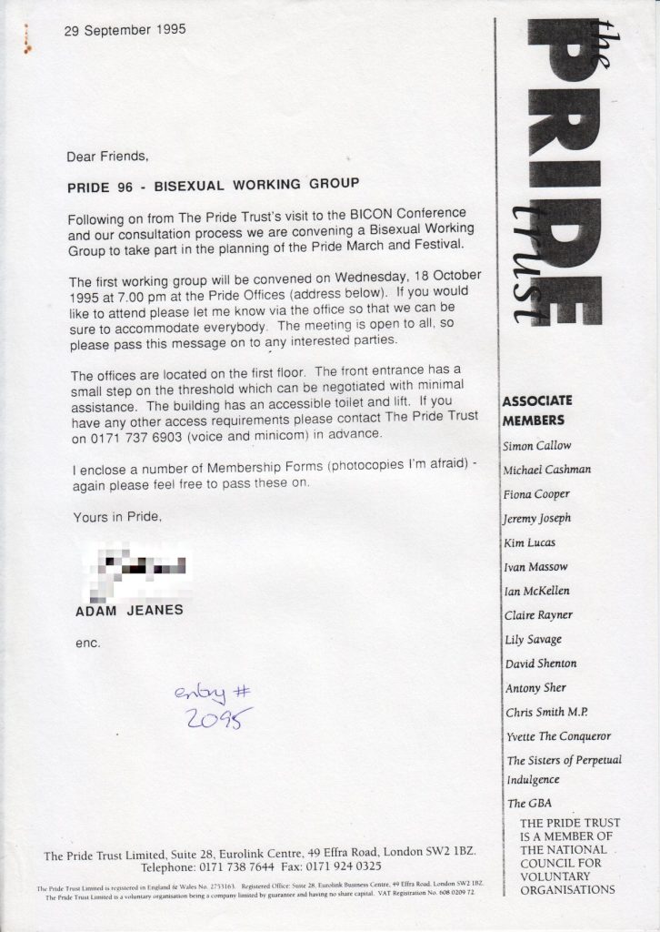 The letter from Adam Jeanes to assorted bi people inviting them to form The Pride Trust's Bisexual Working Group