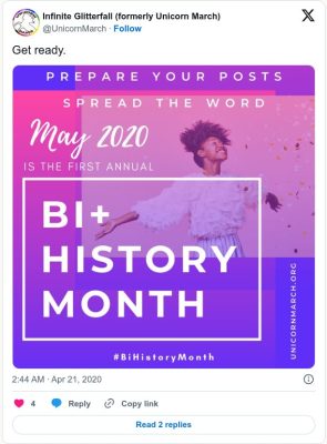 The announcement of a 'Bi+ History Month' on the evil that is Twitter
