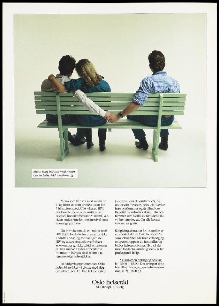 A woman puts her arm around a man as they sit on one end of a bench as he puts arm out to hold hands with a man on the other side; a safe sex and AIDS prevention advertisement aimed at bisexual men by the Oslo Helseråd